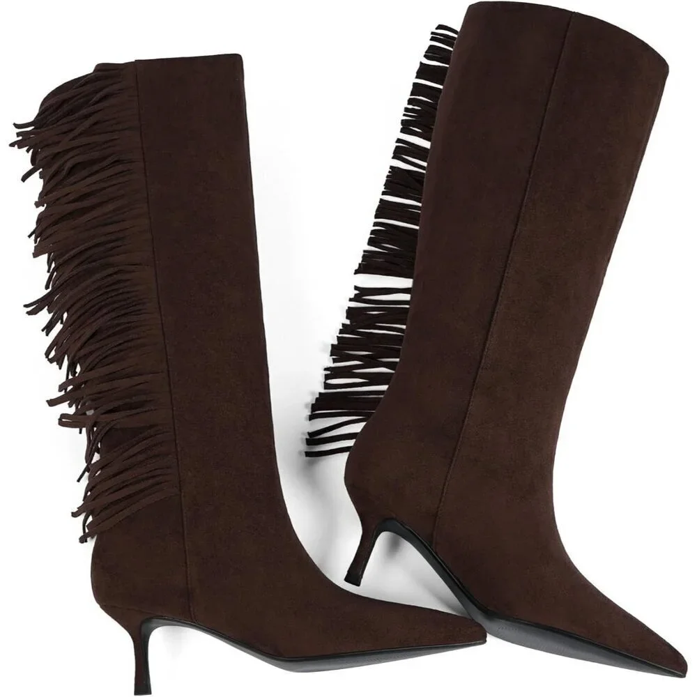 Women Suede Brown Knee High Boots Kitten Heels Tall Pointed Toe Long Boots